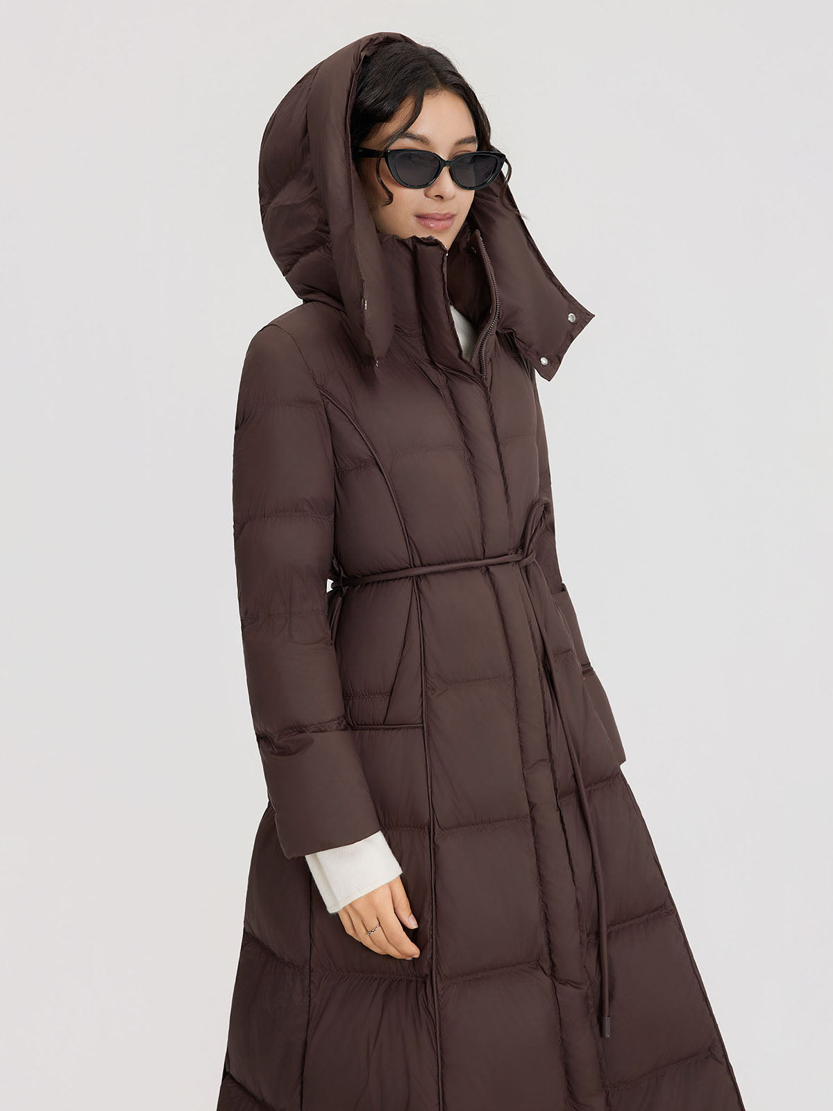 ASOBIO Belted Long Hooded Goose Down Puffer