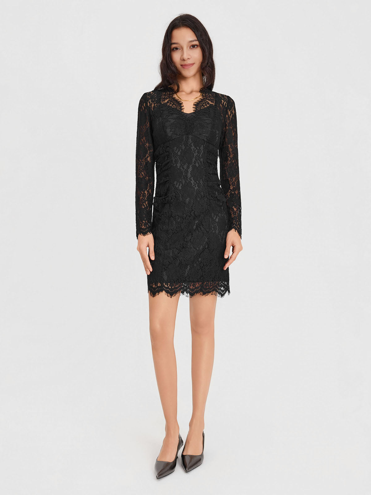 ASOBIO Lace V-Neck Longsleeve Mini Dress