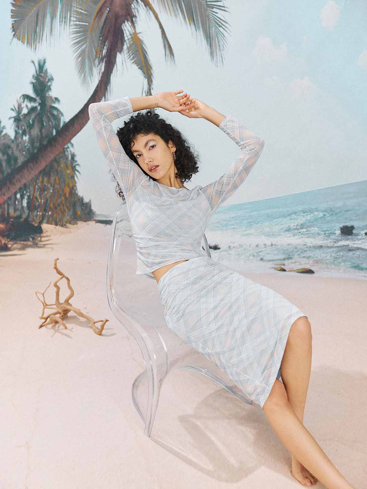 ASOBIO Mesh Ruched Top