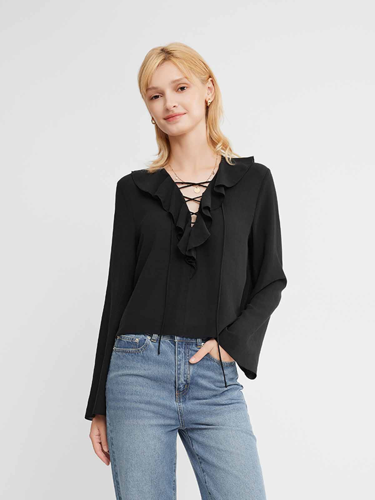 Ruffle Tie-Neck Long-Sleeve Blouse