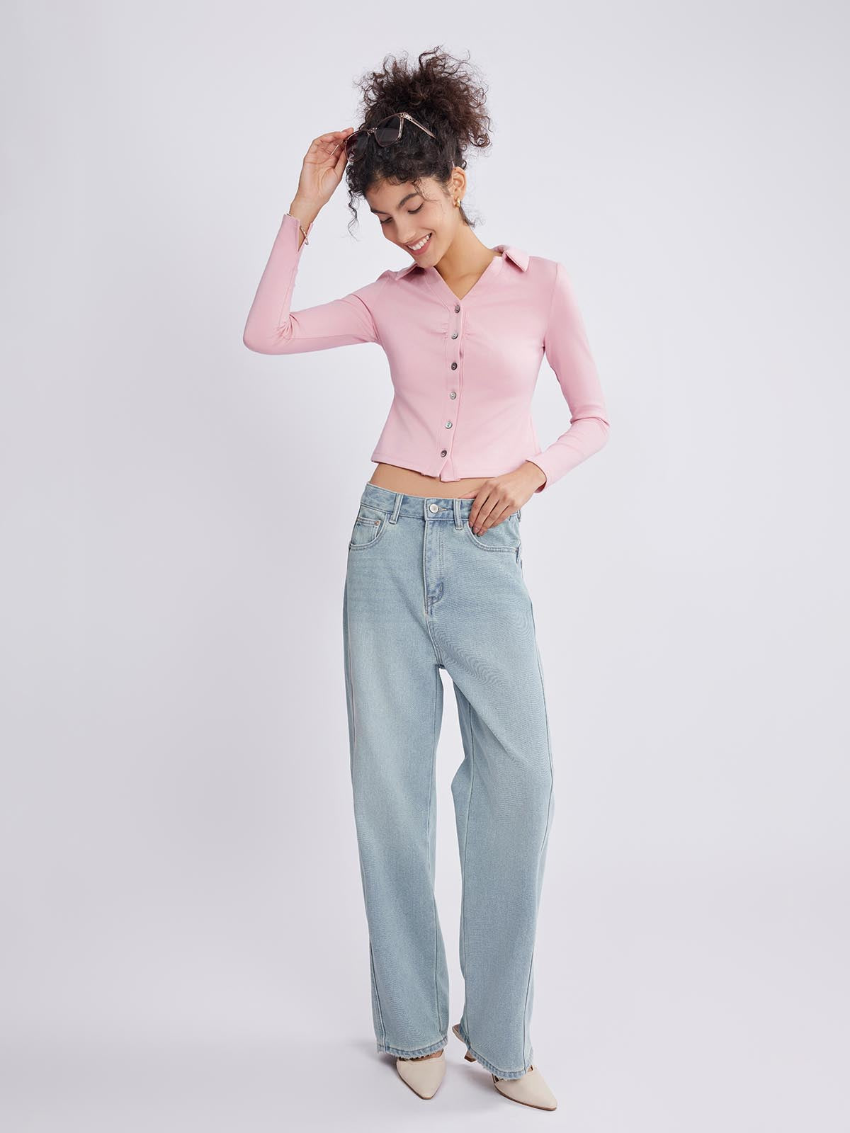 ASOBIO Long Sleeve V-Neck Ribbed Knit Shirt