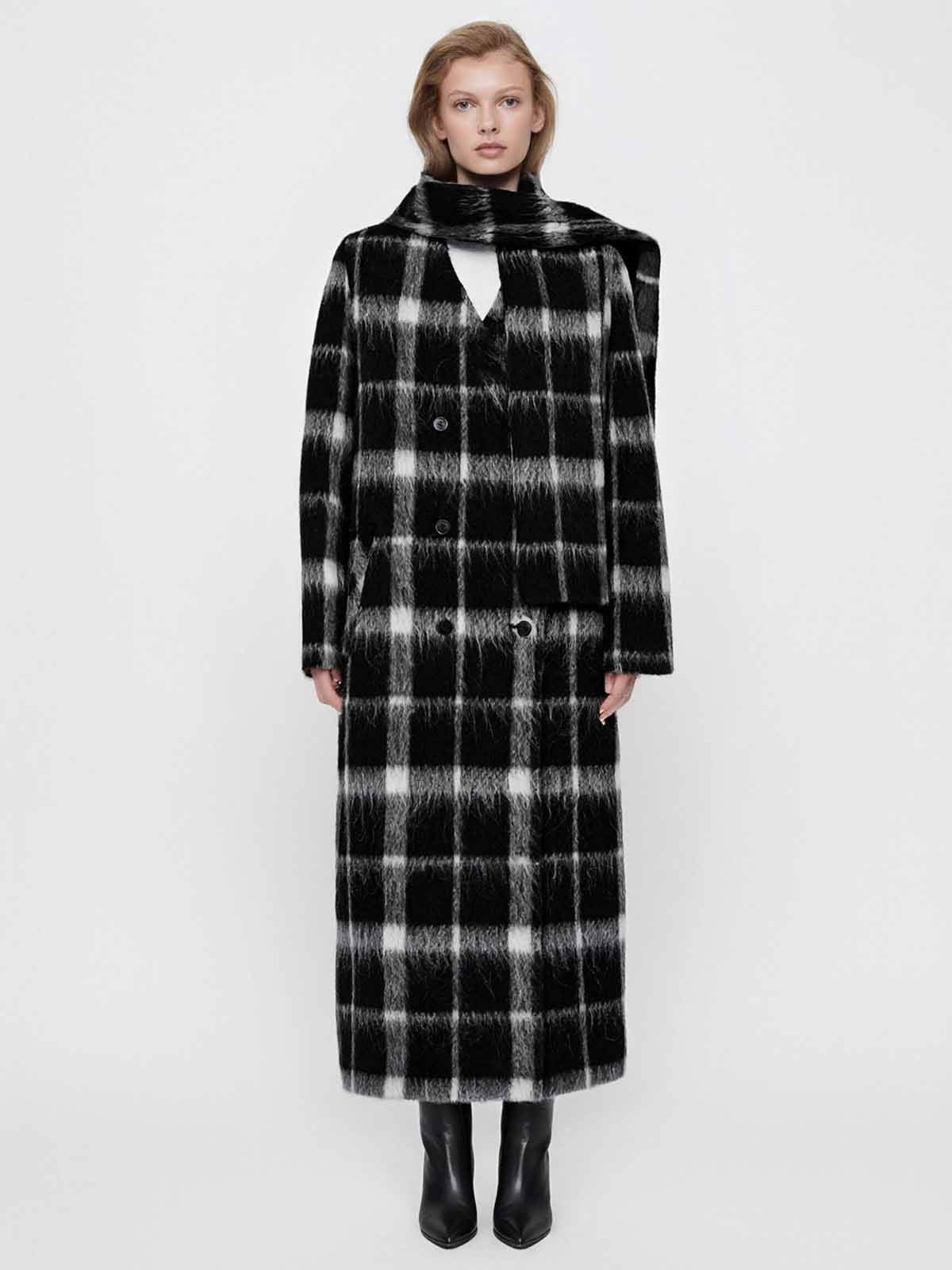 ASOBIO Checked Double-Faced Wool Long Coat with Removable Scarf