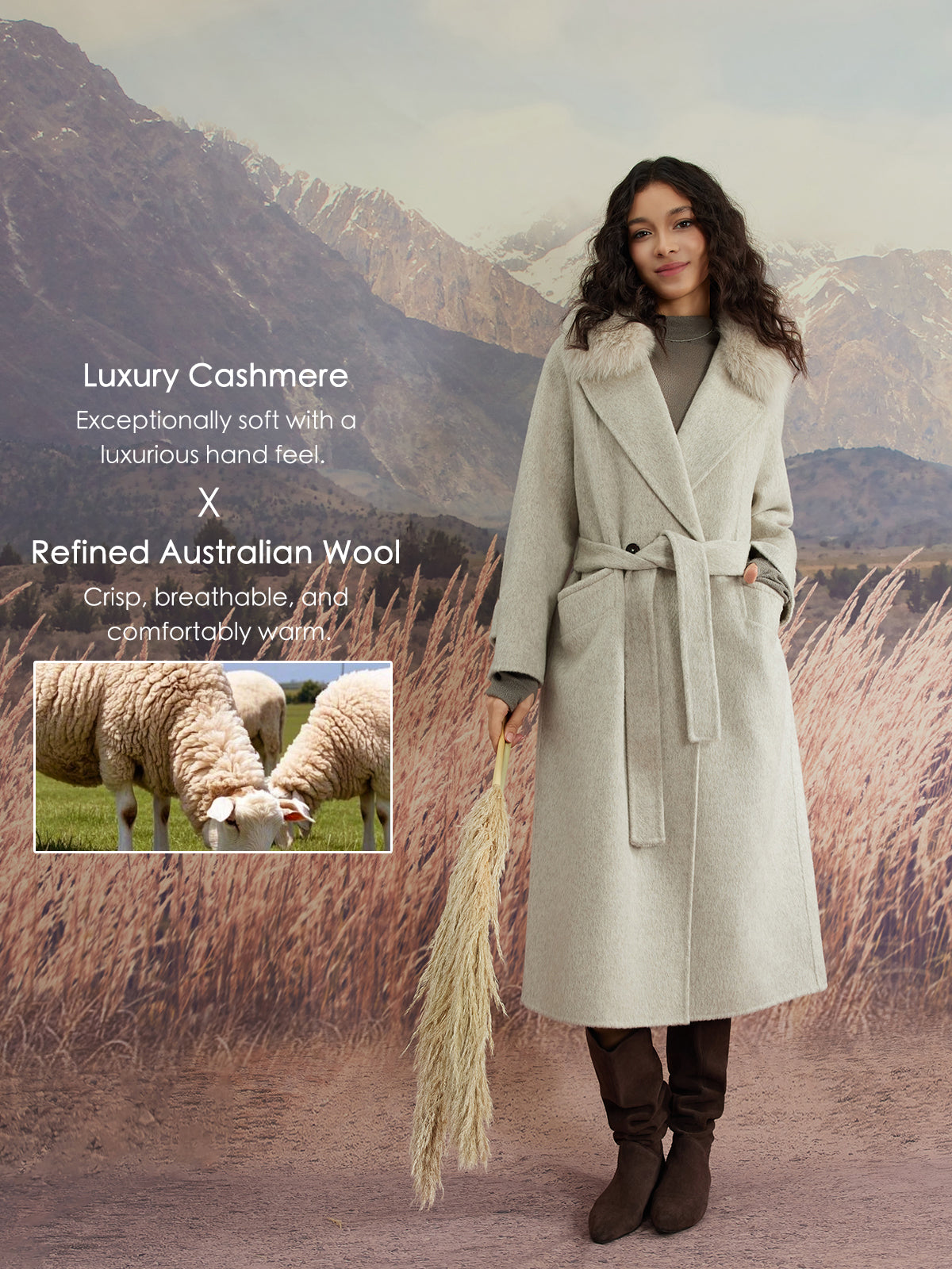 ASOBIO Wool Coat with Detachable Fur Collar