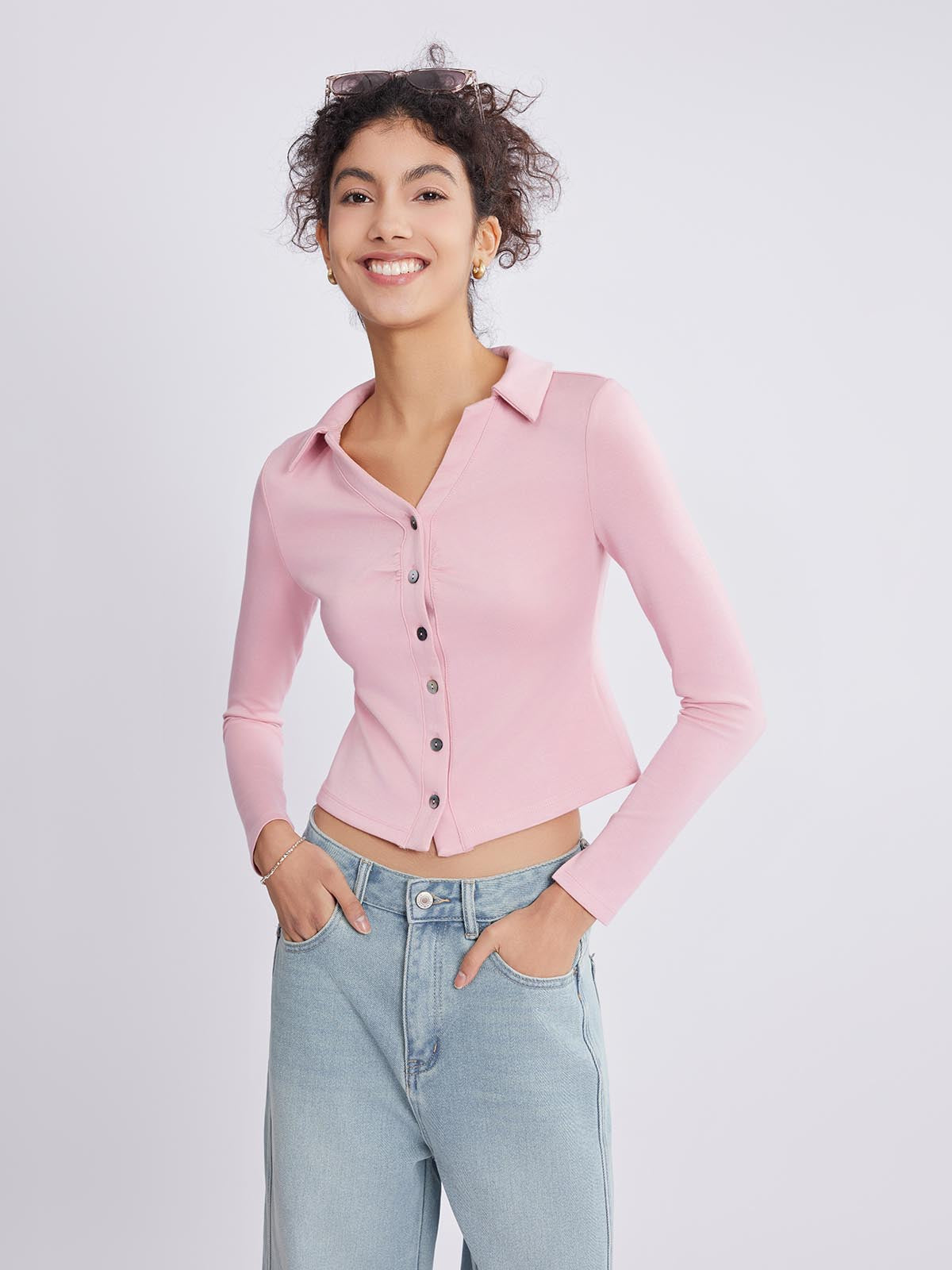 ASOBIO Long Sleeve V-Neck Ribbed Knit Shirt