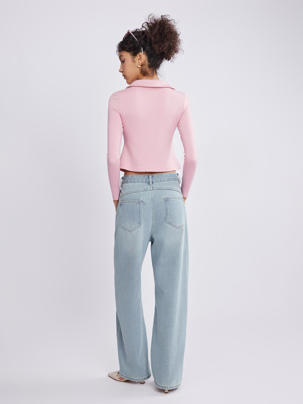 ASOBIO Long Sleeve V-Neck Ribbed Knit Shirt