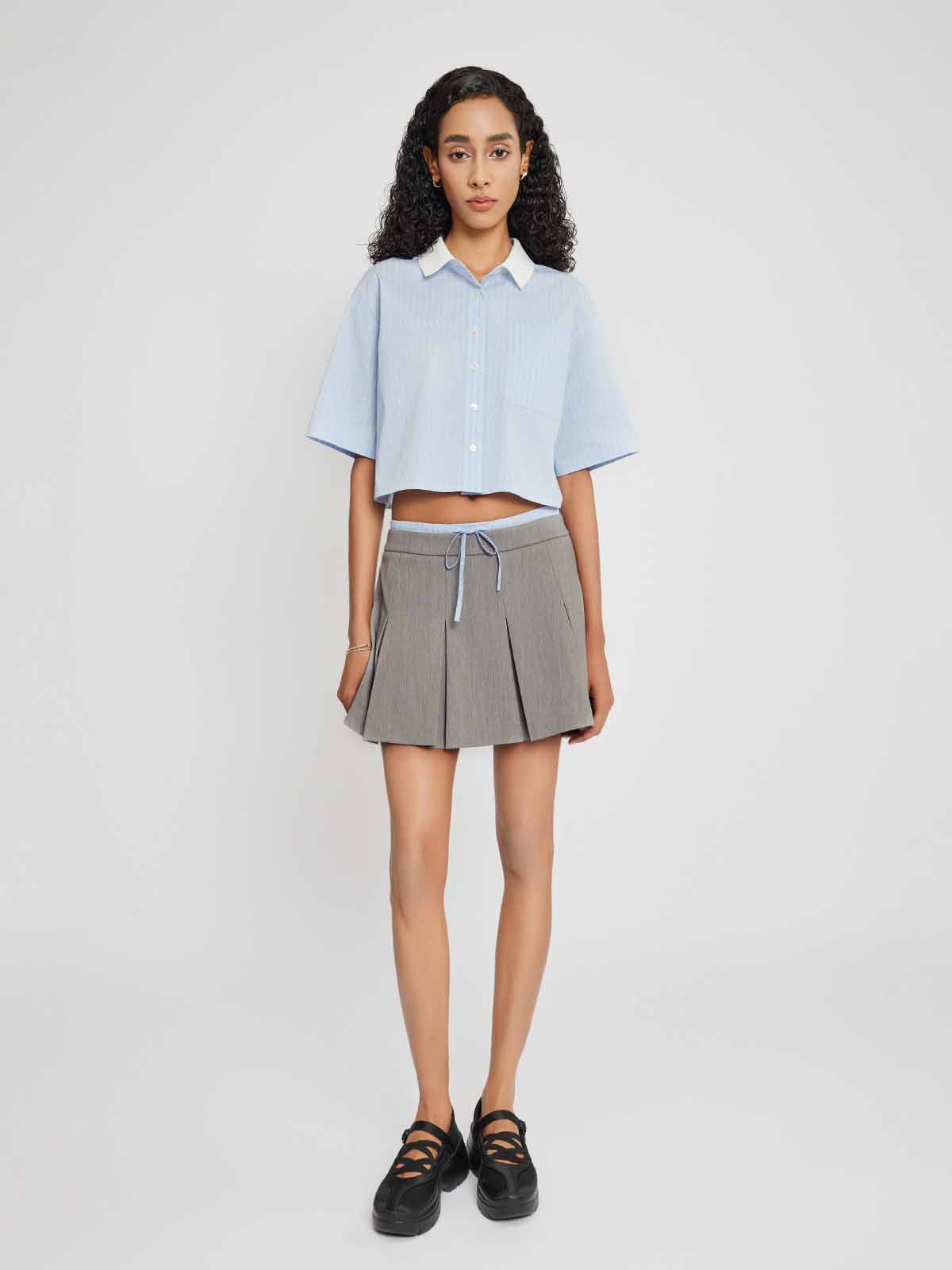 Knit Collar Short Sleeve Button-Up Shirt