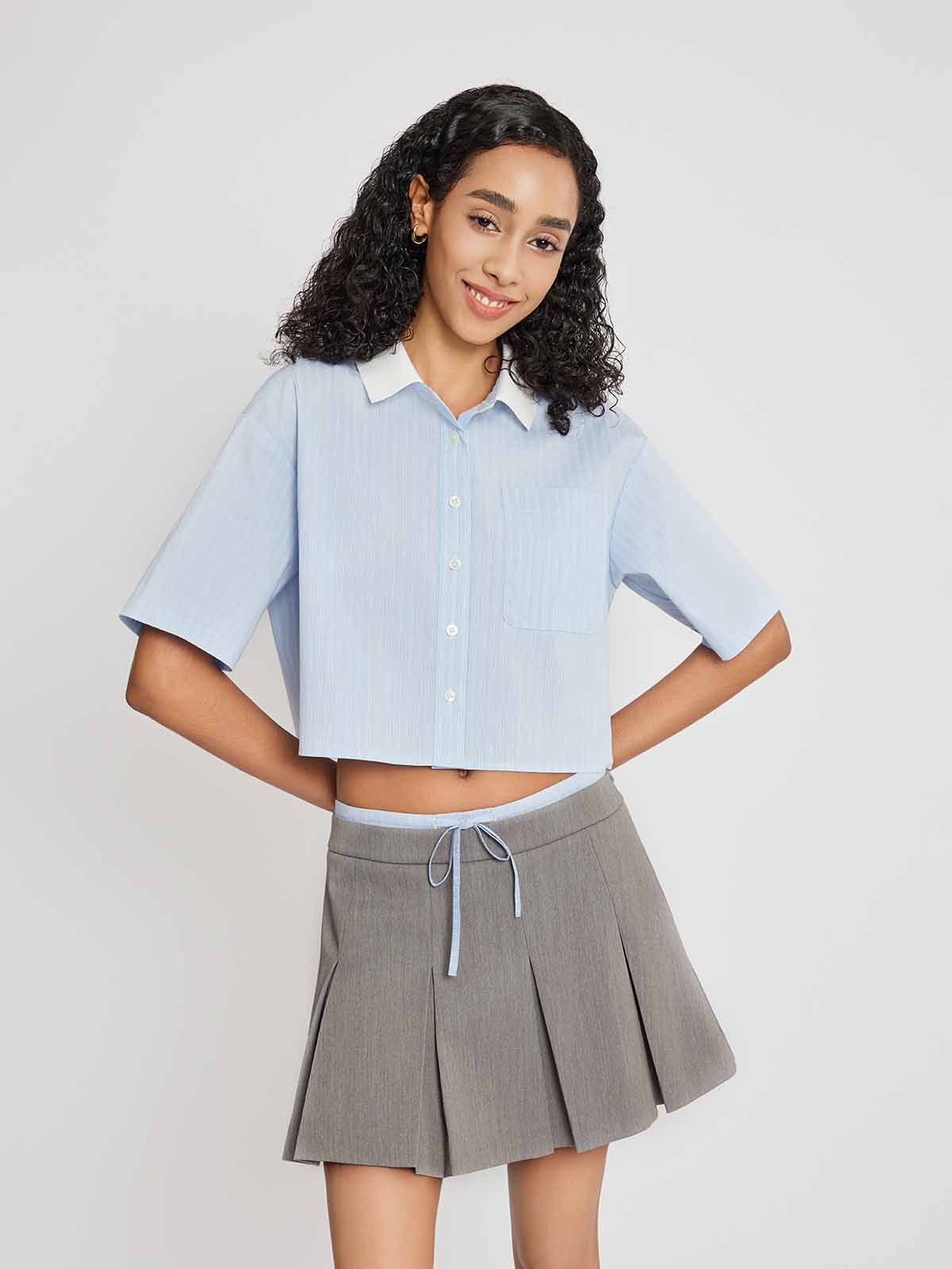 Knit Collar Short Sleeve Button-Up Shirt