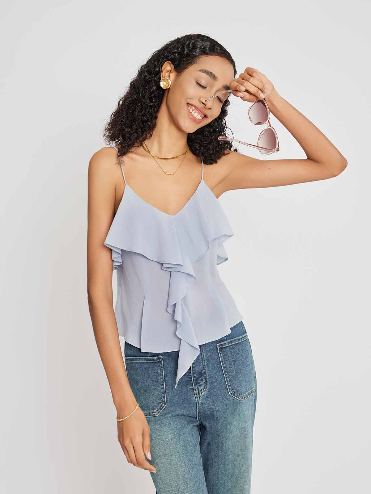 Ruffled Chiffon V-Neck Camisole