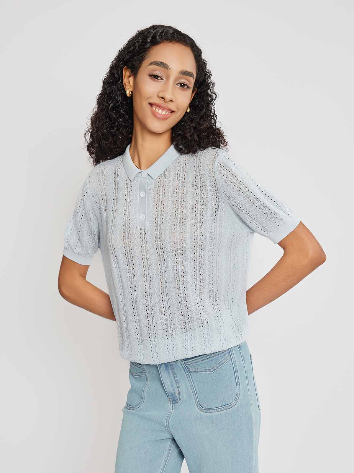 Ribbed Knit Polo Top