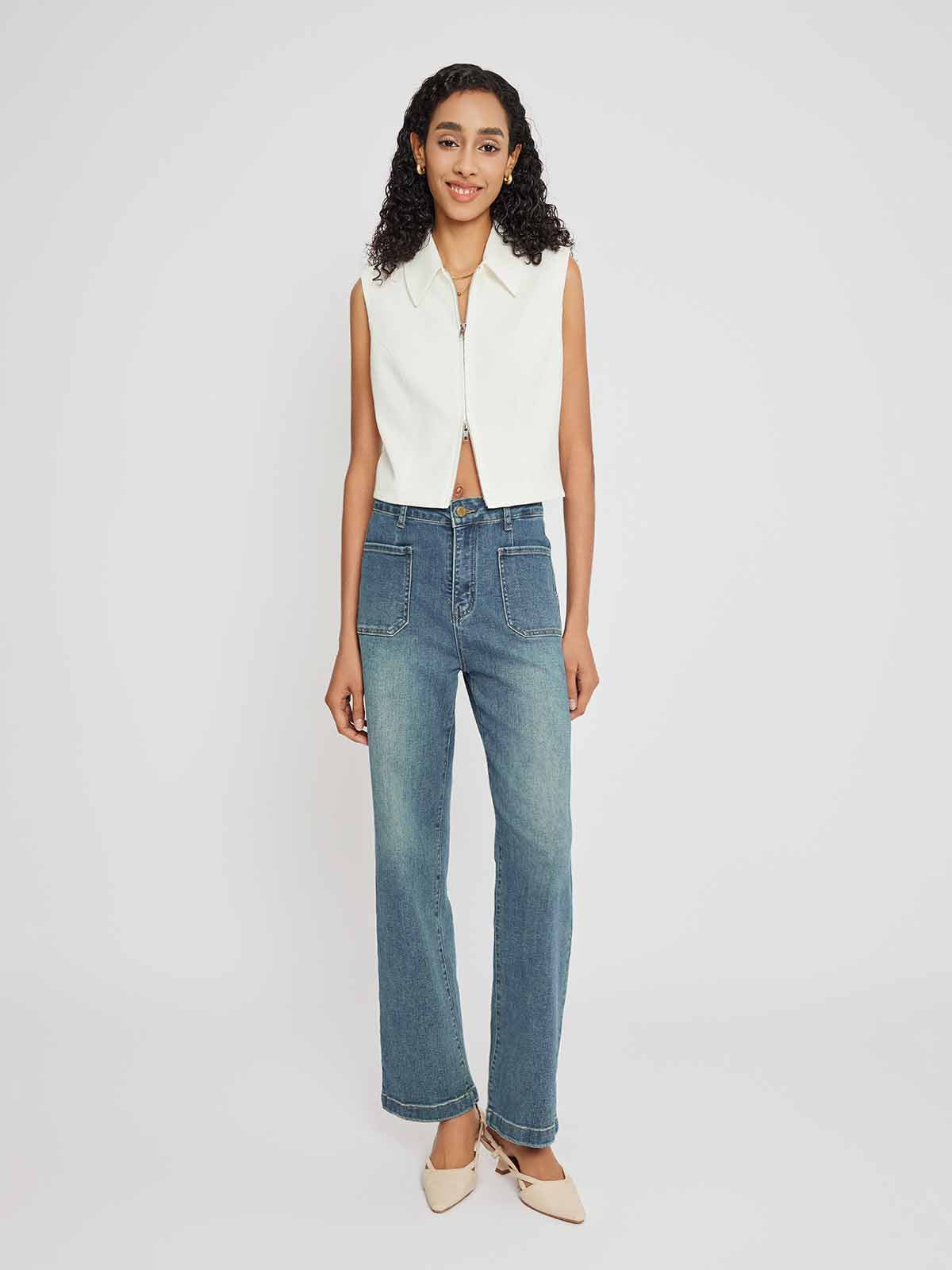 Double-Zip Sleeveless Fitted Shirt Top