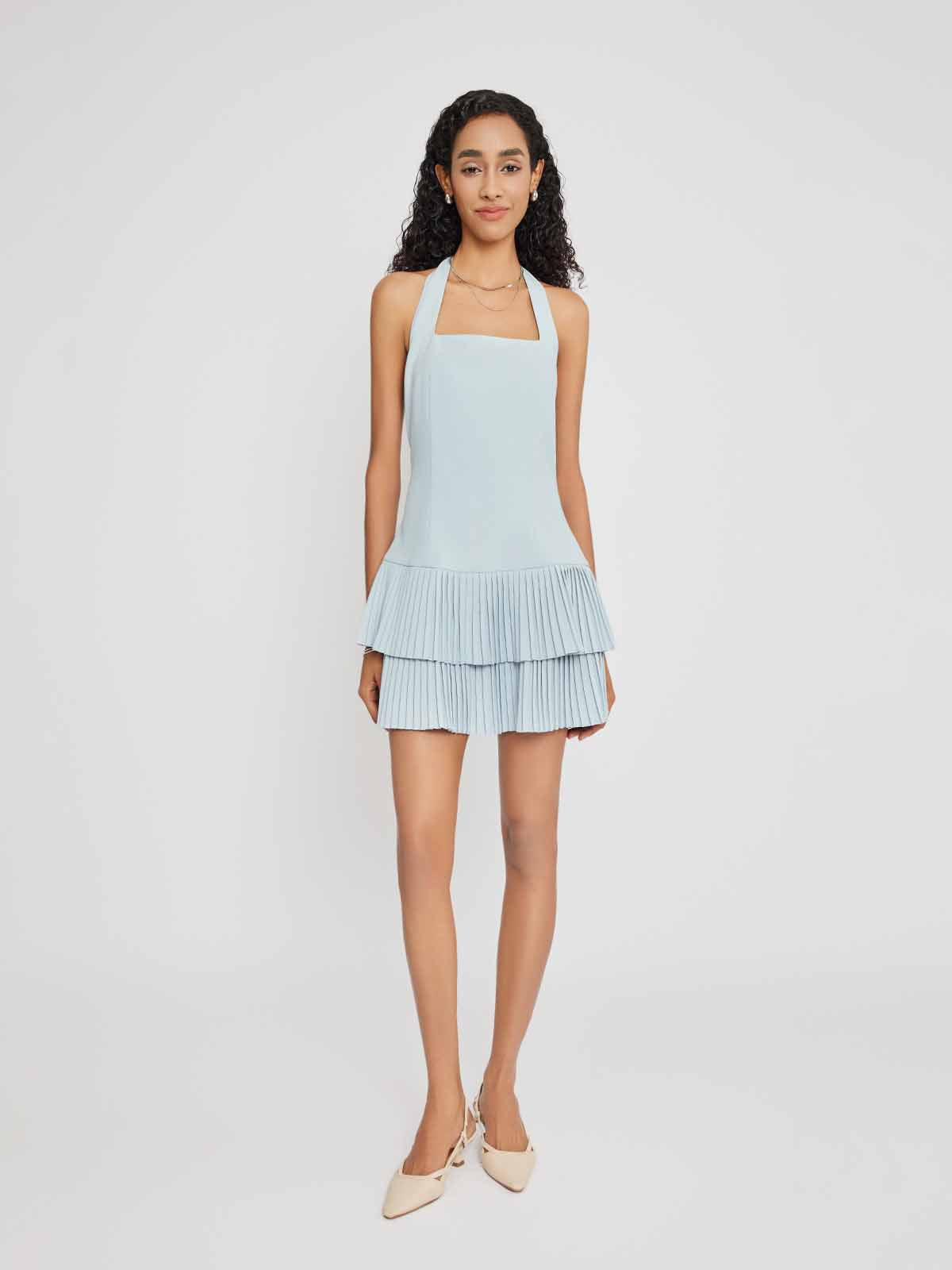 Halterneck Pleated Mini Dress