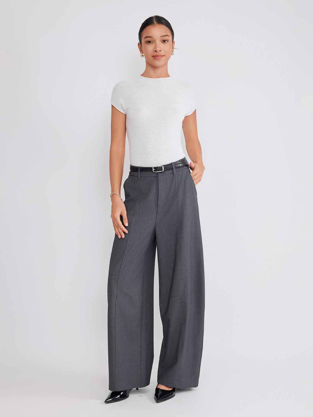 ASOBIO Wool Blend Barrel-Leg Pants